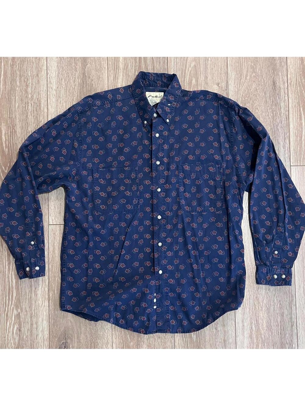 Eddie Bauer Men's Long Sleeve Button-Up Shirt Large Navy Blue with Pattern